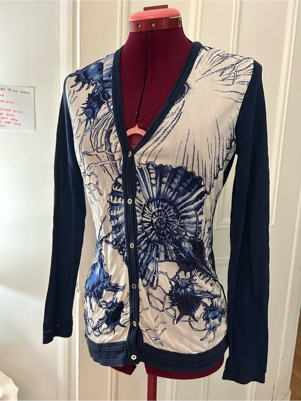 Roberto Cavalli Navy & White Seashell Print Button-Front Women’s Sweater